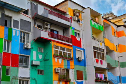 Colorful facades of houses in Tirana city, Albania