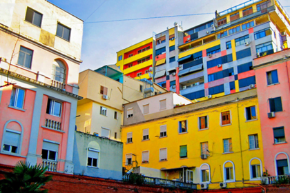 Colorful facades of houses in Tirana city, Albania